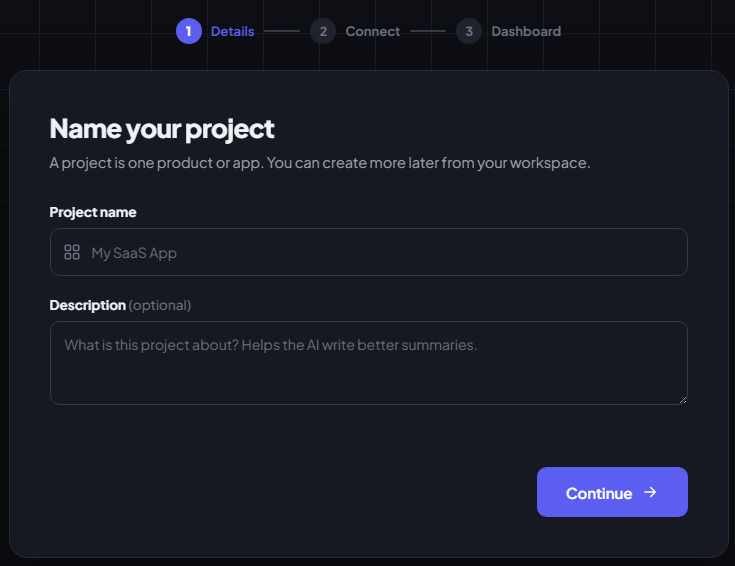 The 'Name your project' onboarding step with Name and Description fields